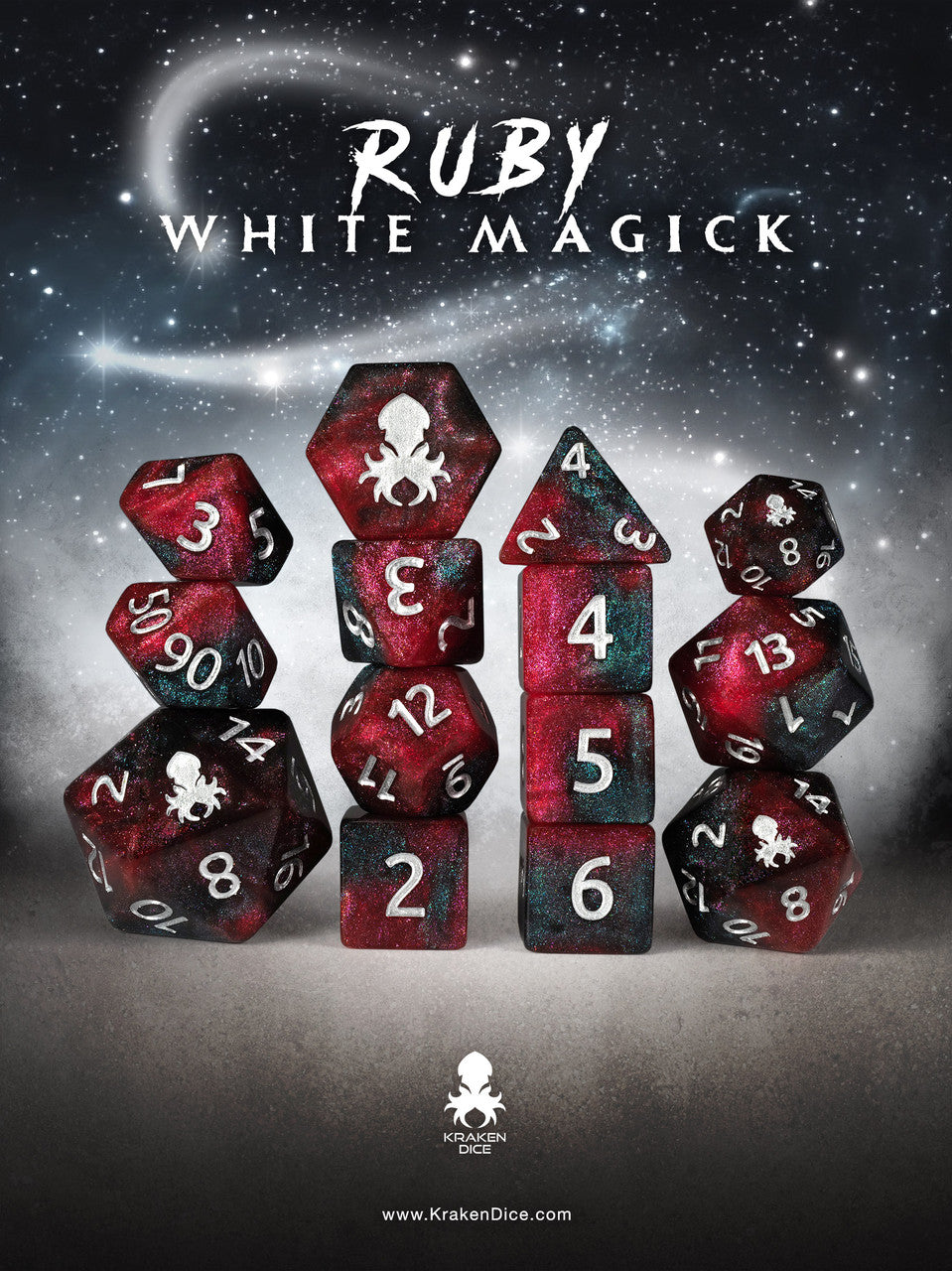 Ruby White Magick 14pc Dice Set inked in Silver